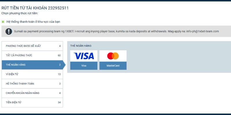 Giao diện rút tiền 1XBET qua Thẻ ngân hàng