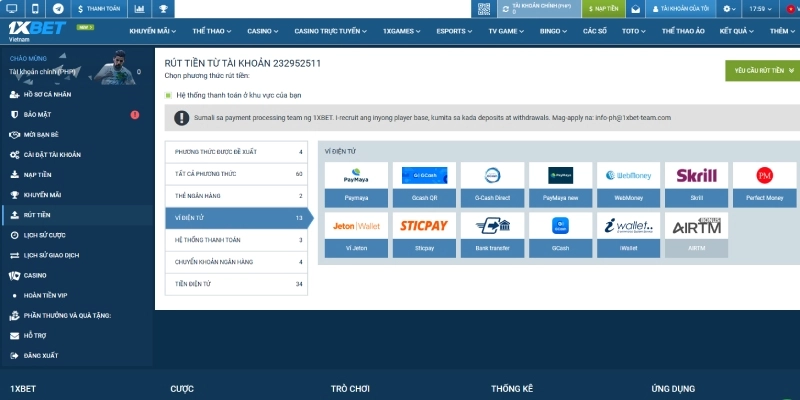 Các phương thức rút tiền 1xbet